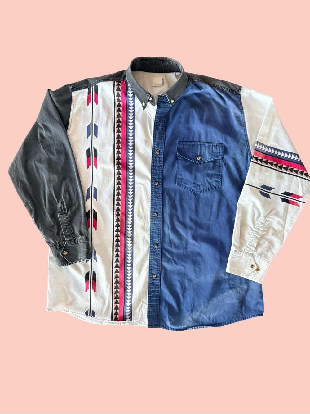 Vintage 90s Express Riders Western Aztec Colorblock Cowboy Button Down Size XL